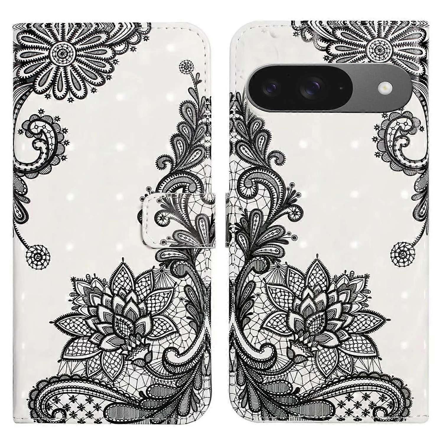 For Google Pixel 9 Pixel 9 Pro Case 3D Creative Pattern PU Leather Stand Phone Cover - Lace Flower