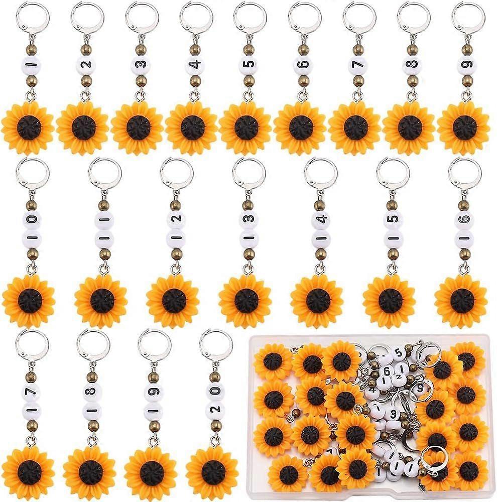 1 Box 20Pcs Cute Crochet Markers 1~20 Number Stitch Marker Resin Sunflower Planner Charms Knit Markers Locking Removable Leverback for Knitting Croche