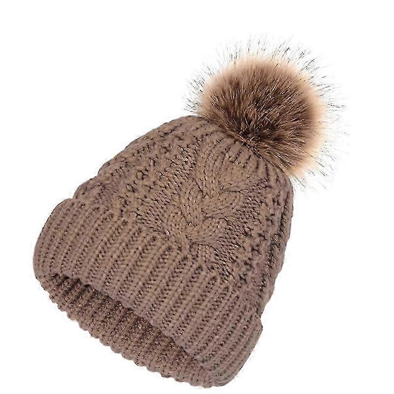 Große Beanie-Mütze mit haarigem Ball, doppellagig, warme Strickmütze mit Twist-Muster