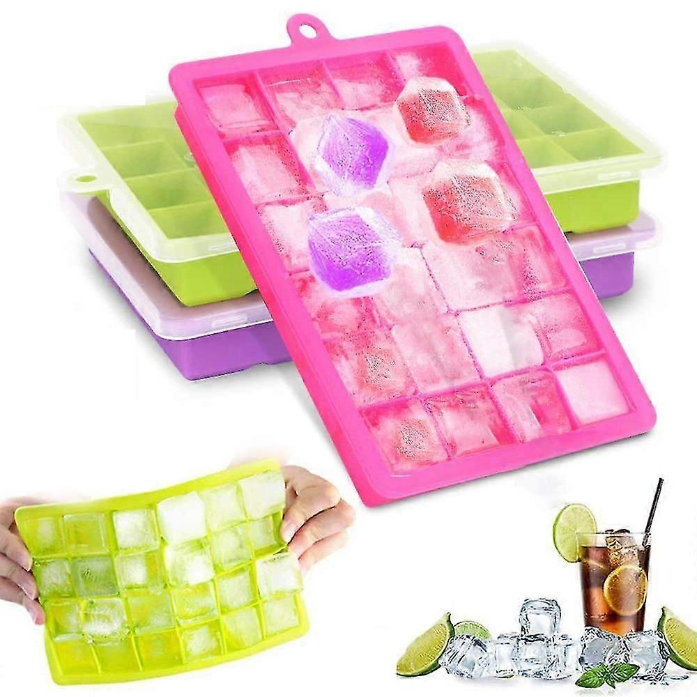 Ice Cube Trays With Lids, 3pa (green + Purple + Pink) Silicone Ice Cube Trays Flexible And Easy Release 24 Ice Cube Molds Bpa Free,2541
