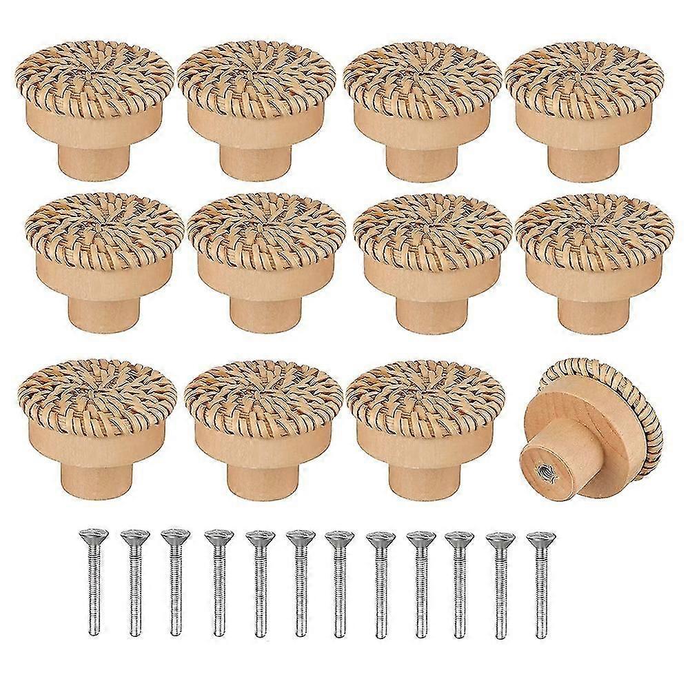 Boho Rattan Dresser Knobs Round Wooden Drawer Knobs Handmade Wicker Woven And Screws For Boho Furni