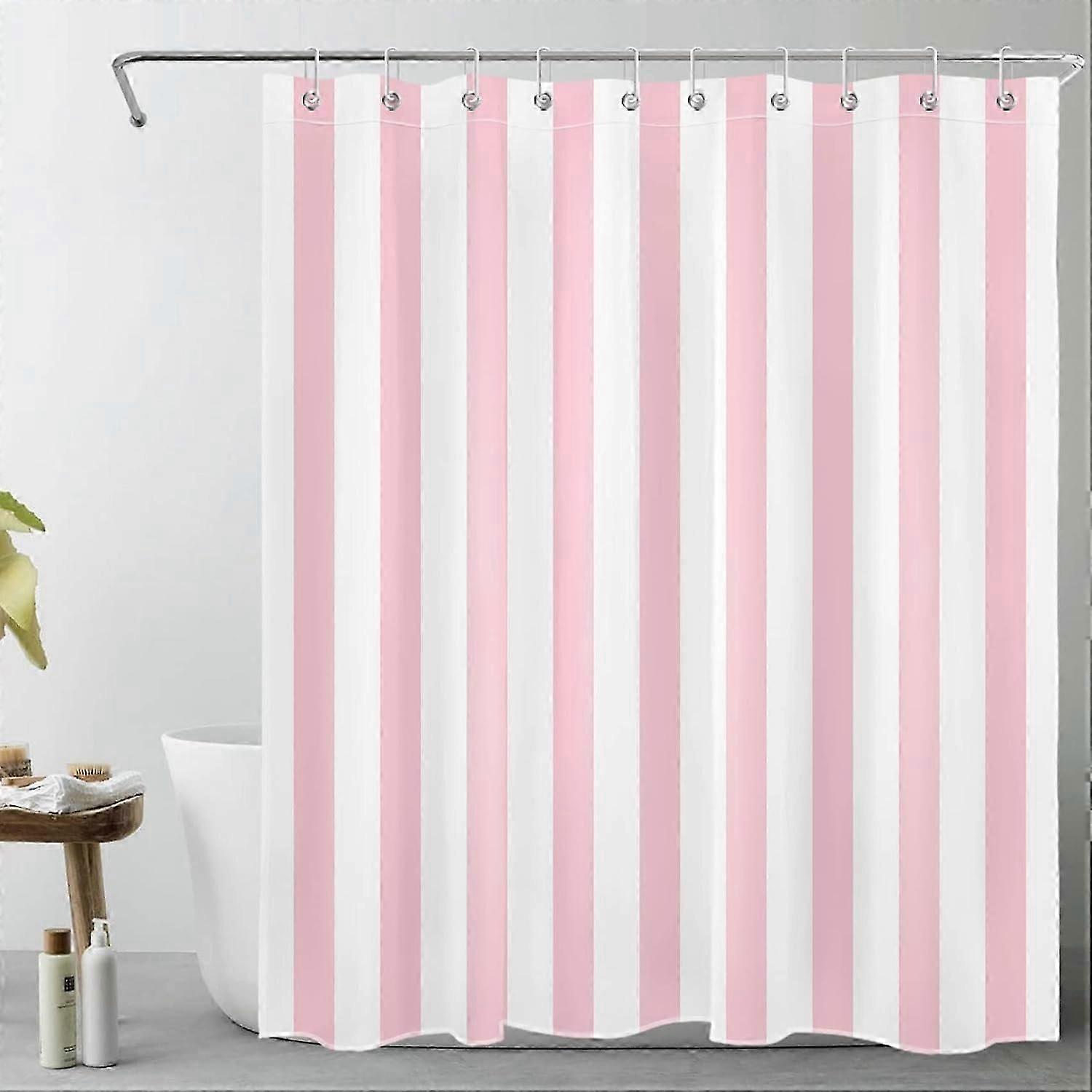 Pink and White Striped Fabric Shower Curtain for Bathroom with 10 Hooks, Vertical Stripe Geometric Shower Curtains for Bathroom, Modern Farmhouse Chic