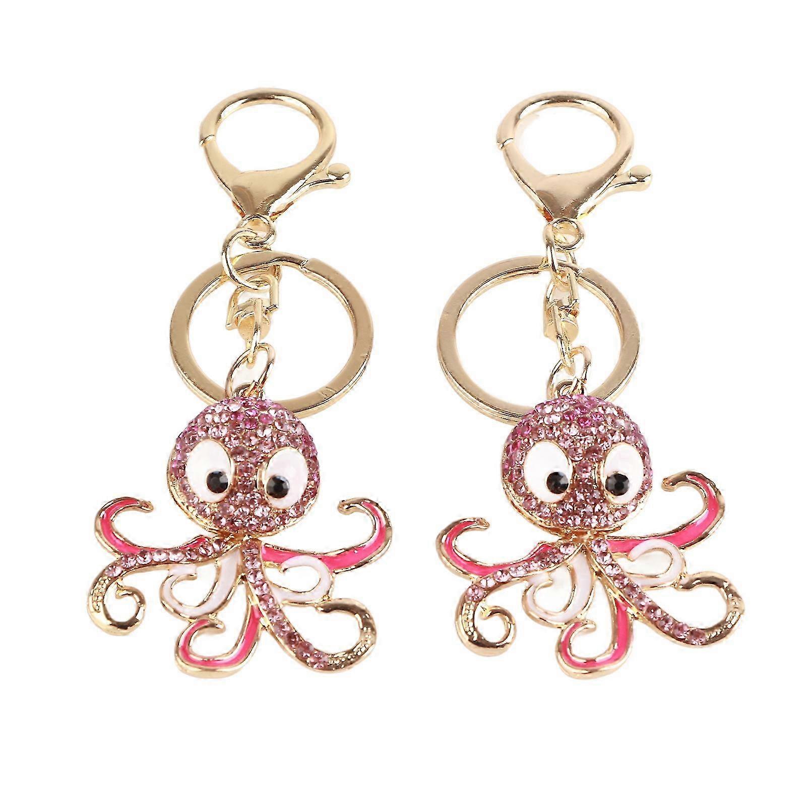 2PCS Fashion Octopus Shaped Rhinestones Keychain Key Ring Bag Charm Pendant Gift(Rose Red Rose Red )