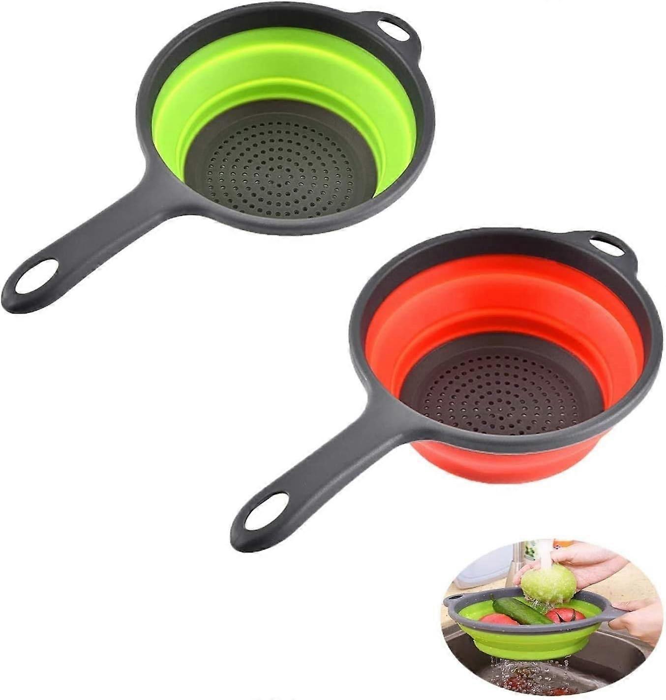 2 Pieces Kitchen Foldable Colander Colander, Foldable Colander with Handle, Space Saving Folding Colander Colander (Green and Red)