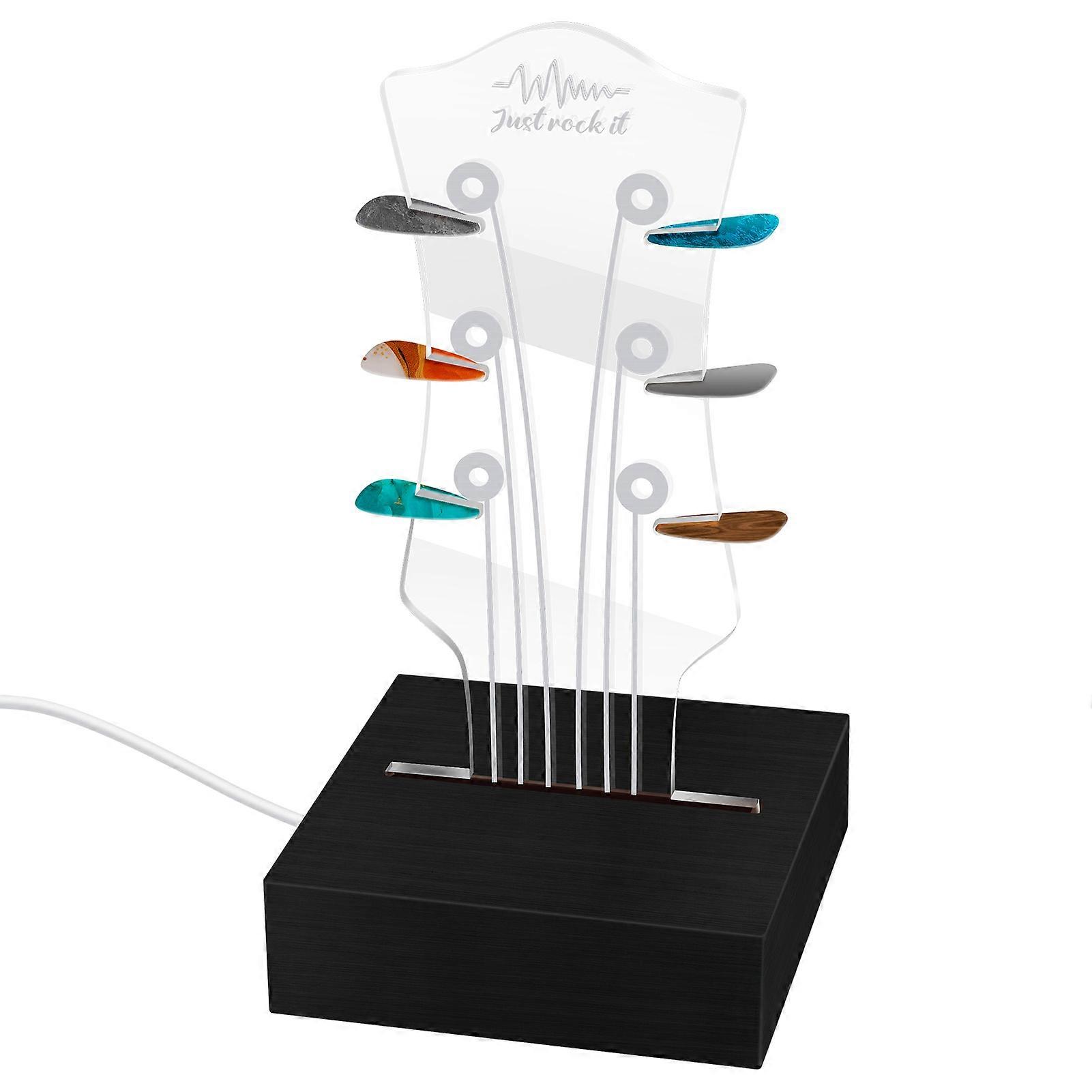 1pc Trä Pick Vitrinskåp med upplyst Headstock Form Gitarr Plocket Stativ Klar Akryl Elgitarr Plocket Hållare