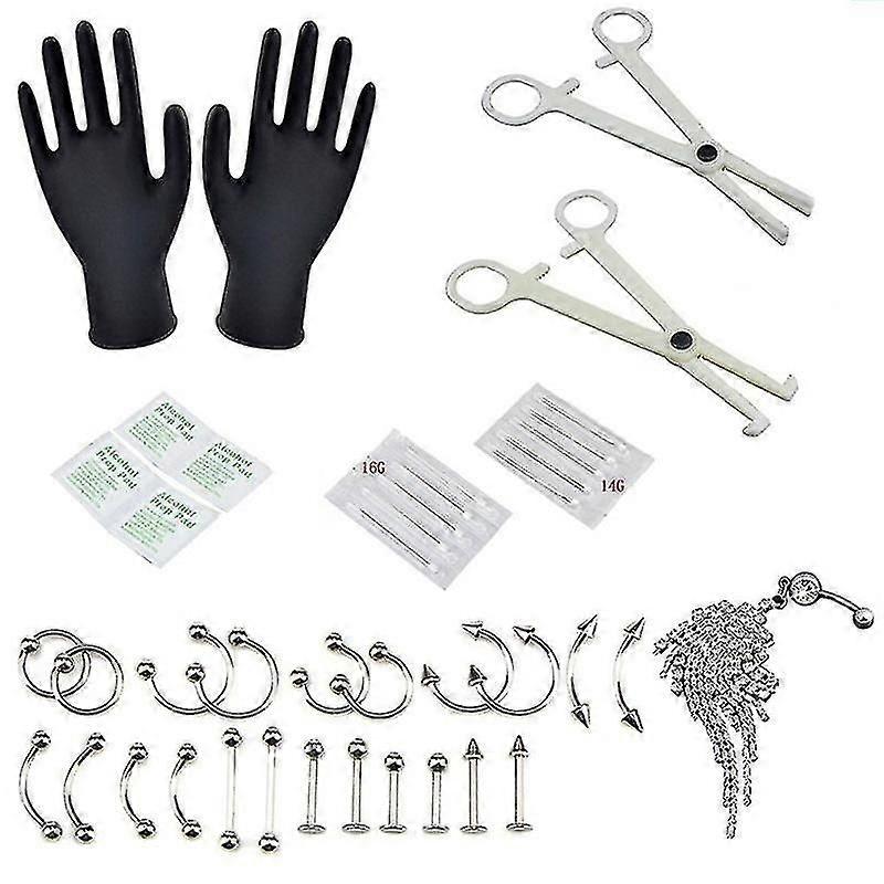 37pcs / set Körper Piercing Tool Kit Ohr Nase Bauch Knopf Nabel Nippel Nadeln