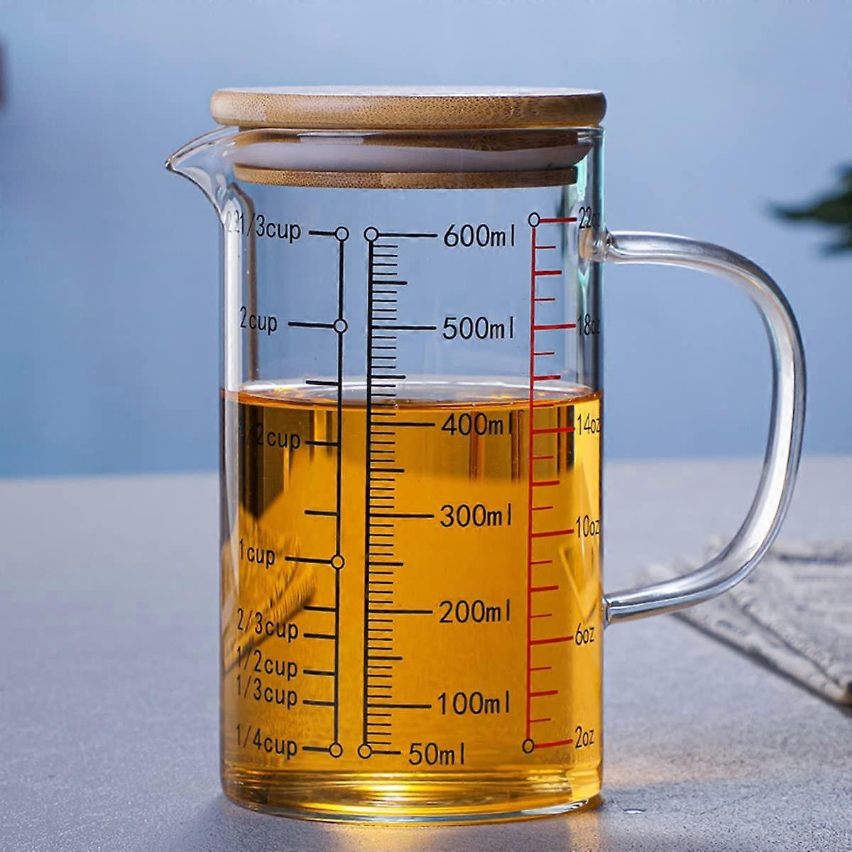 Multi-Function Glass Measuring Cup 600ml With V-Spout, Three Scales, Handle, Bamboo Lid Beaker For Kitchen Or Restaurant