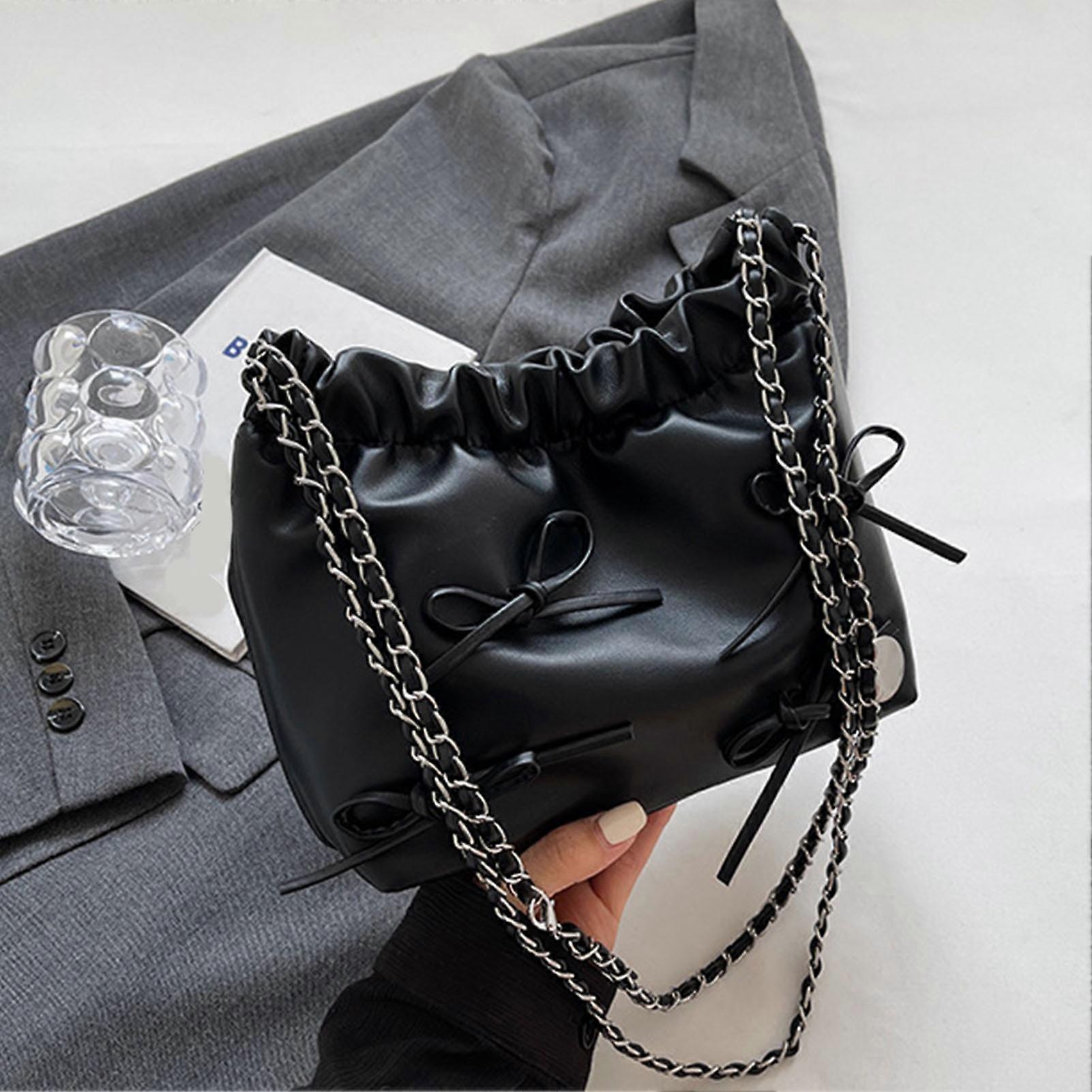 Single Shoulder Bag Black PU Leather Bowknot Design Universal Size