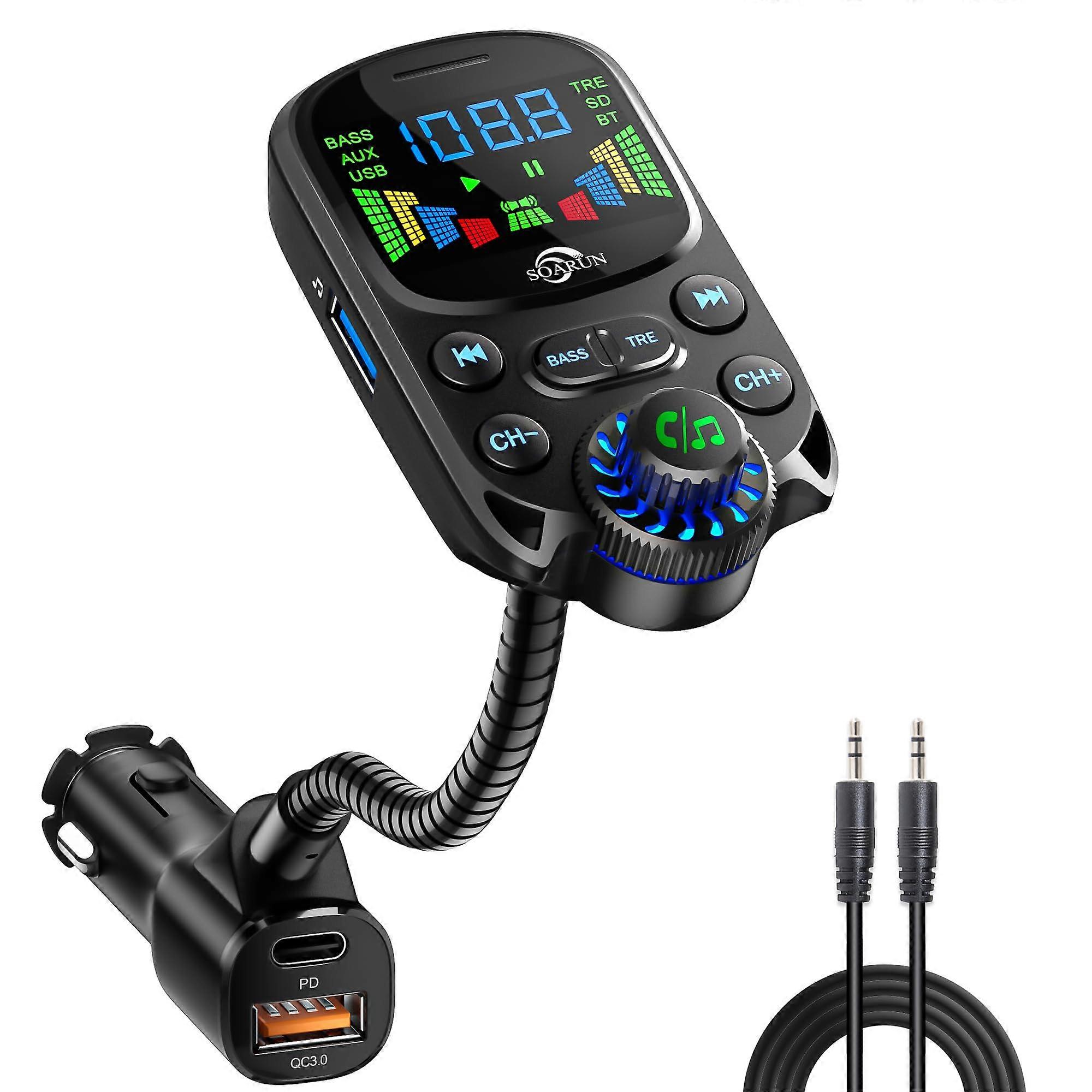 Bluetooth FM Transmitter for Car Radio with AUX Input/Output and Hands-Free Calling