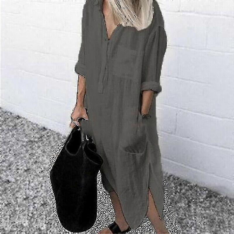 Plussize Damen Casual Bluse Langes Hemdkleid Damen Kragen Button-Down-Kleid Cy