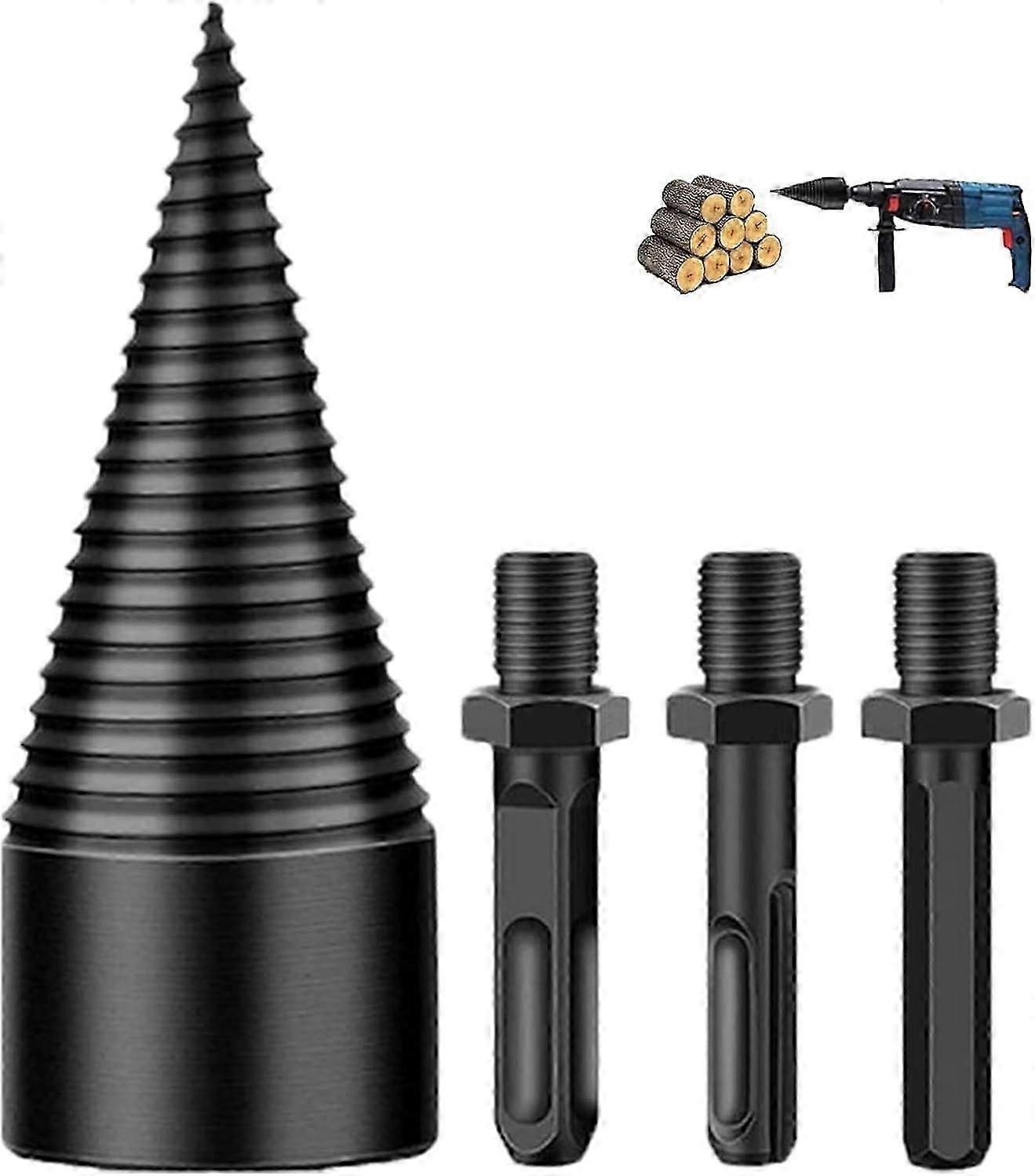 42 mm Wood Splitter Drill Attachment, Firewood Drill with 3 Handles, Efficient and Precise Drill Tool for Splitting Wood with Cones