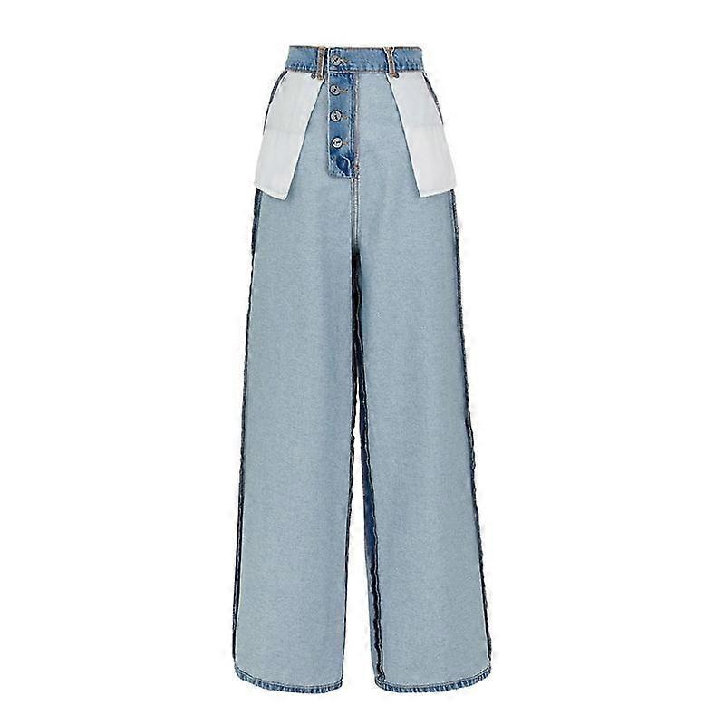 Women's Patchwork Jeans High Waist Straight Leg Long Trousers Anti-Wear Design Light Blue Washed Out Summer Pants