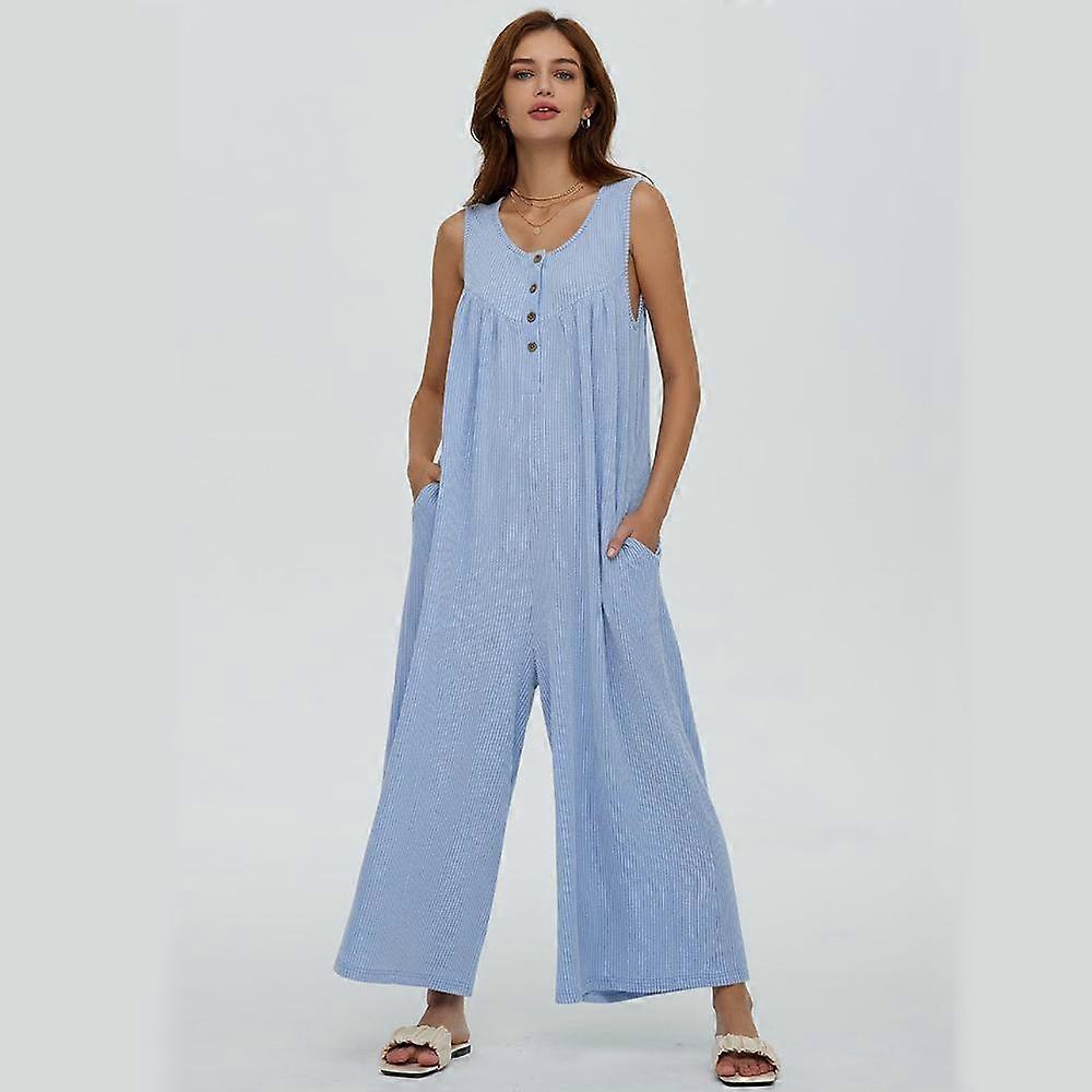 Women’s Casual Loose Jumpsuits One Piece Sleeveless Button Down Jumpsuits with Pockets Summer Solid Breathable Lightweight Wide Leg Long Pant Rompers
