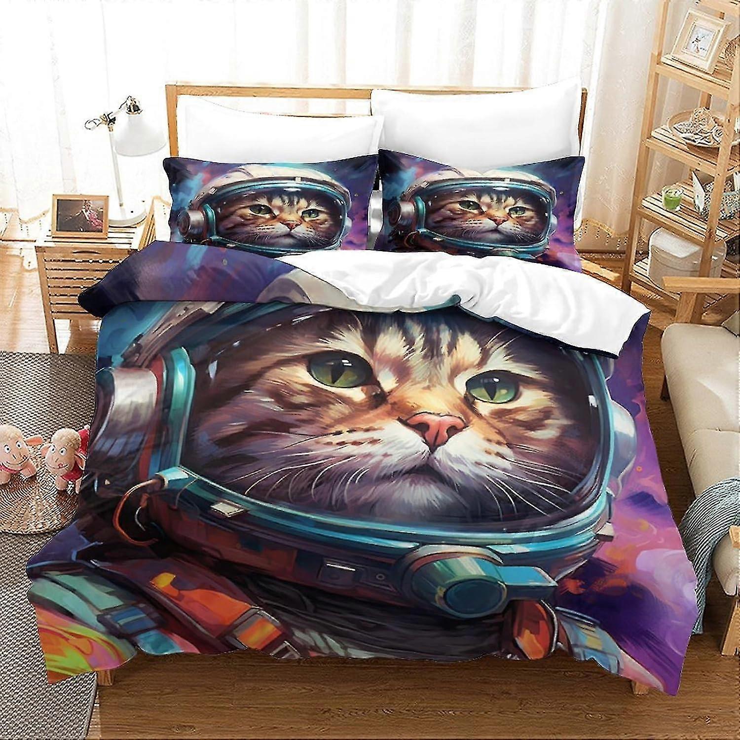 Ultra Soft Microfiber Space Cat Duvet Cover Set for Kids, Teens, and Adults - King Size