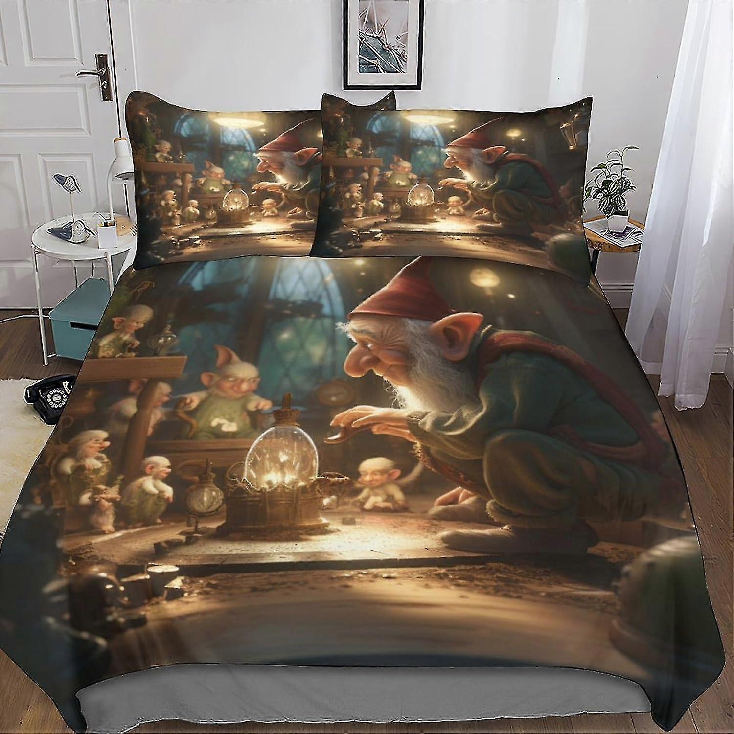 Conjunto de capa de edredom de elfo de Natal de 3 peças, capa de edredão de anã mágica de cama 3D, capa de edredom de microfibra macia com fronhas e zíper