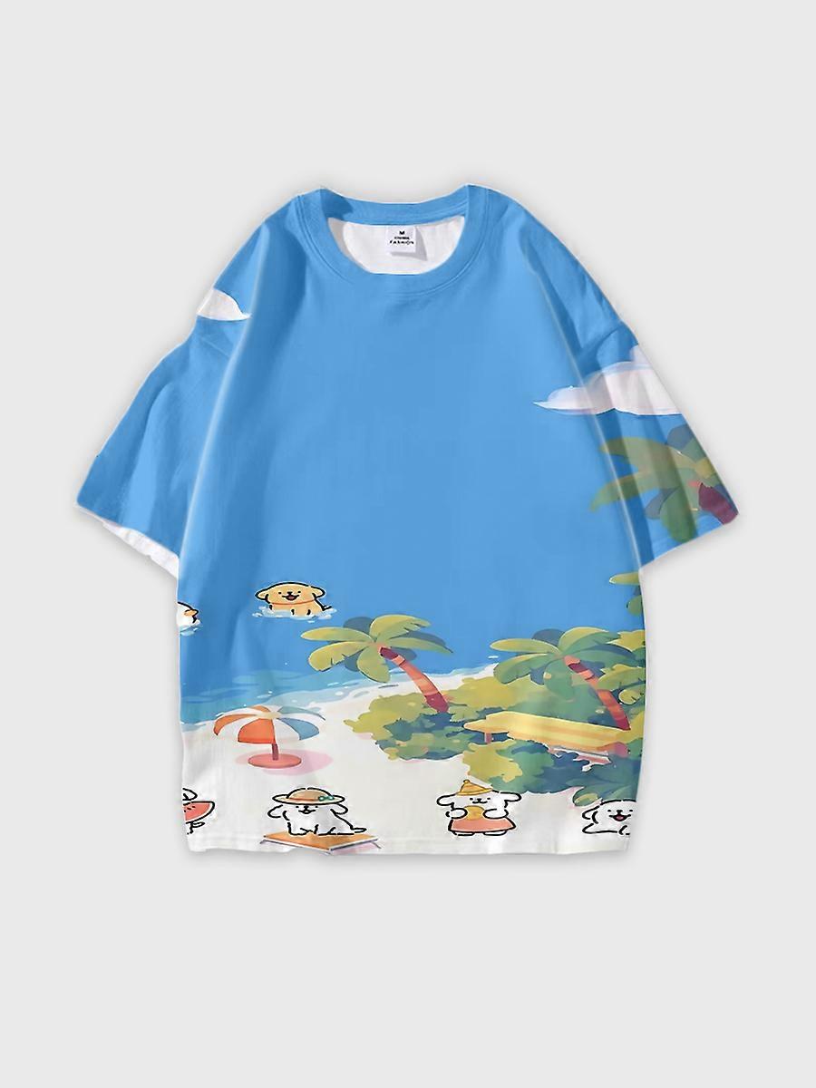 T-shirt girocollo Cartoon Pattern manica corta sciolta O16