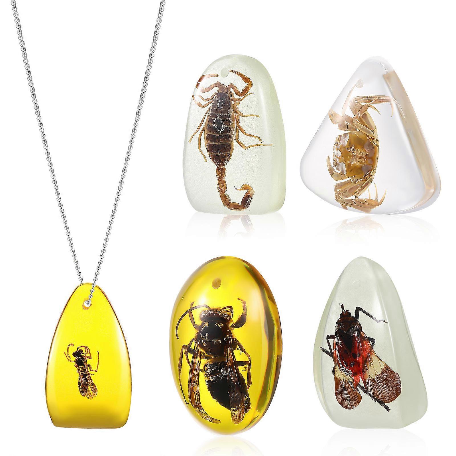 Amber Resin Pendants with Insects for Jewelry Making Multi Color 5 Pieces