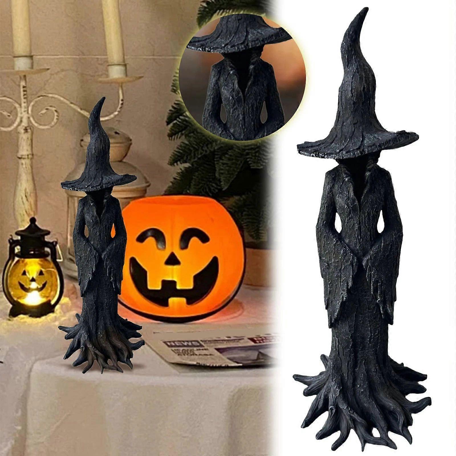 Halloween Witch Statue Resin Witch Figure, Faceless Ghost Sculpture, Decorative Gothic Spooky Standing Desktop Ornament Sculpture for Halloween Home H