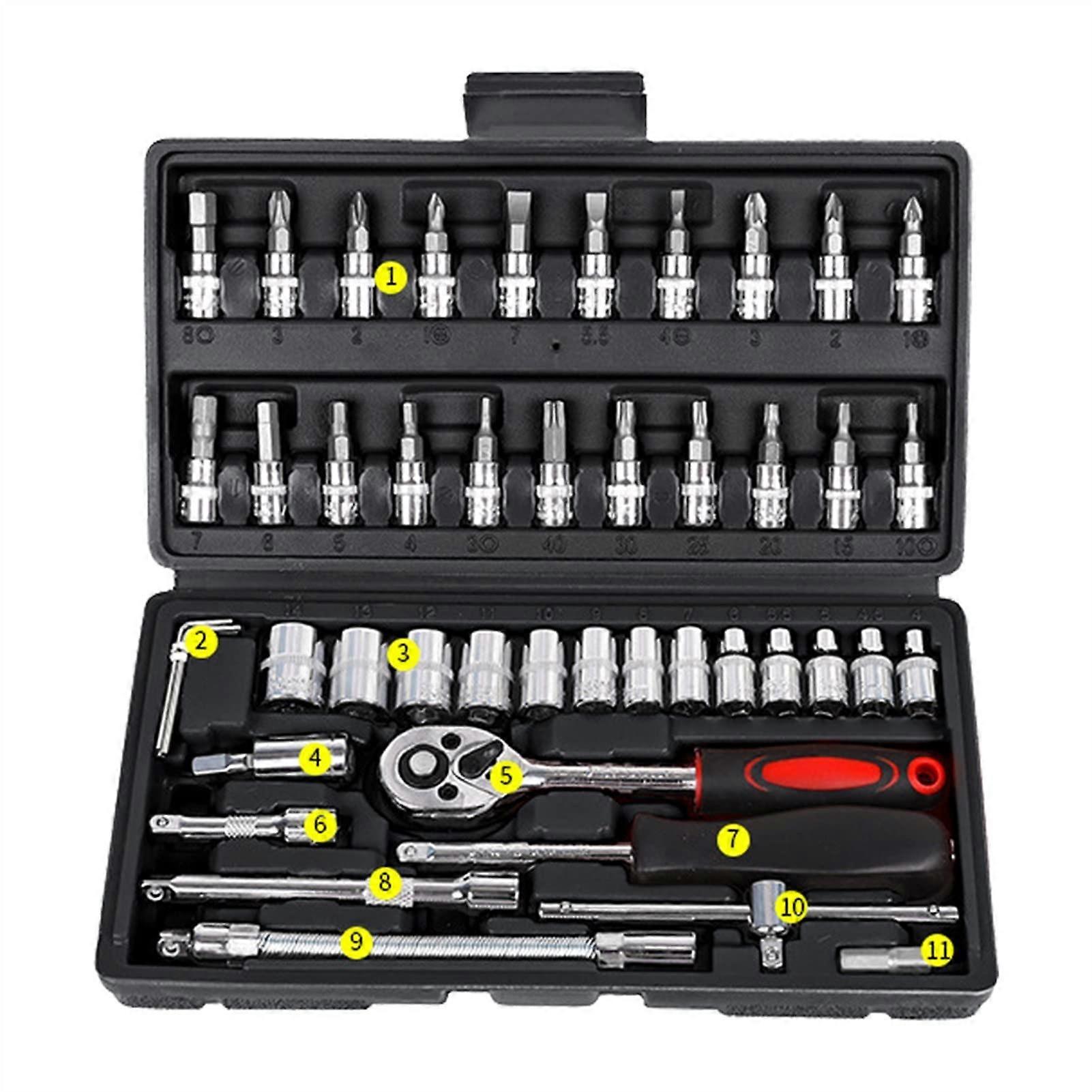 46piece tool set toolbox, 1/4inch socket wrench set, automotive tools, ratchet torque wrench (BK)