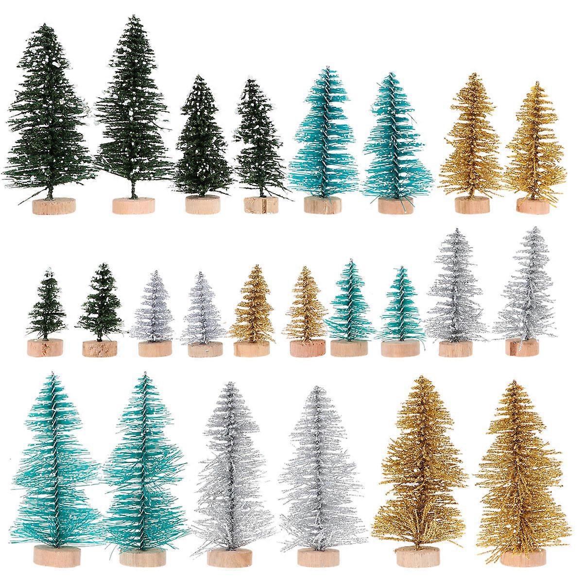 24PCS Three Mini Artificial Christmas Trees with Wooden Base – Festive Desktop Decor for Home, Office, Weddings & Parties