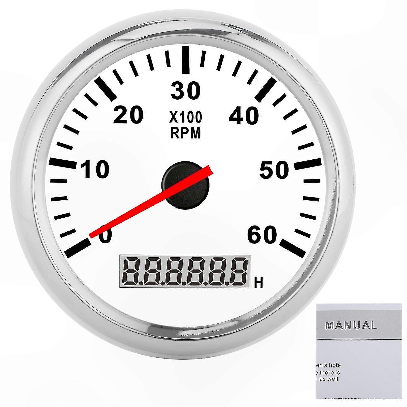 LCD Tachometer Gauge with Red Backlight, 85mm Waterproof Speedometer for Car, Boat, Yacht, Silver Frame, White Dial