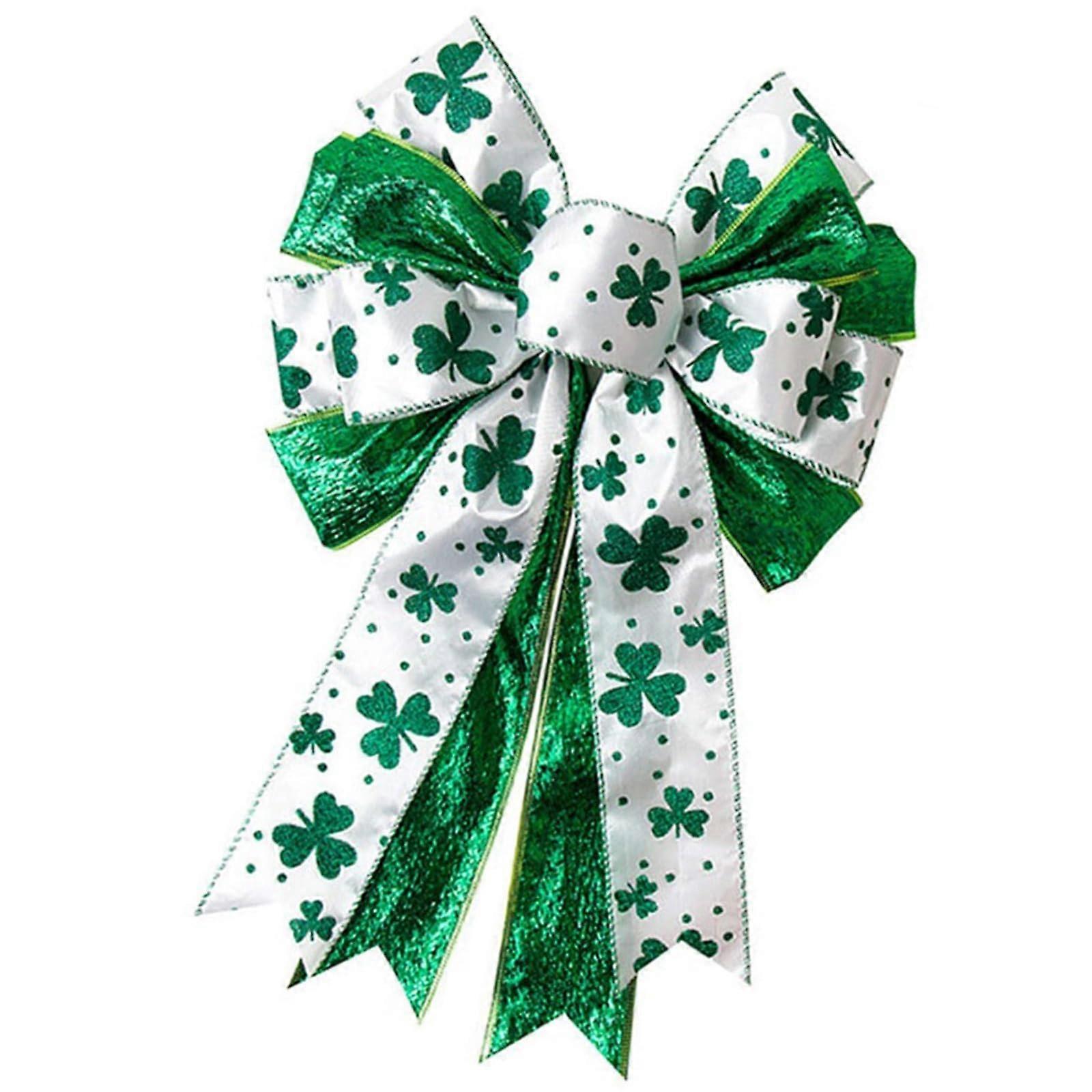 Shamrocks Clovers Wreath Bowknot Decoration for Front Door and Tree Toppers, St. Patrick's Day, Green, 24-Inch