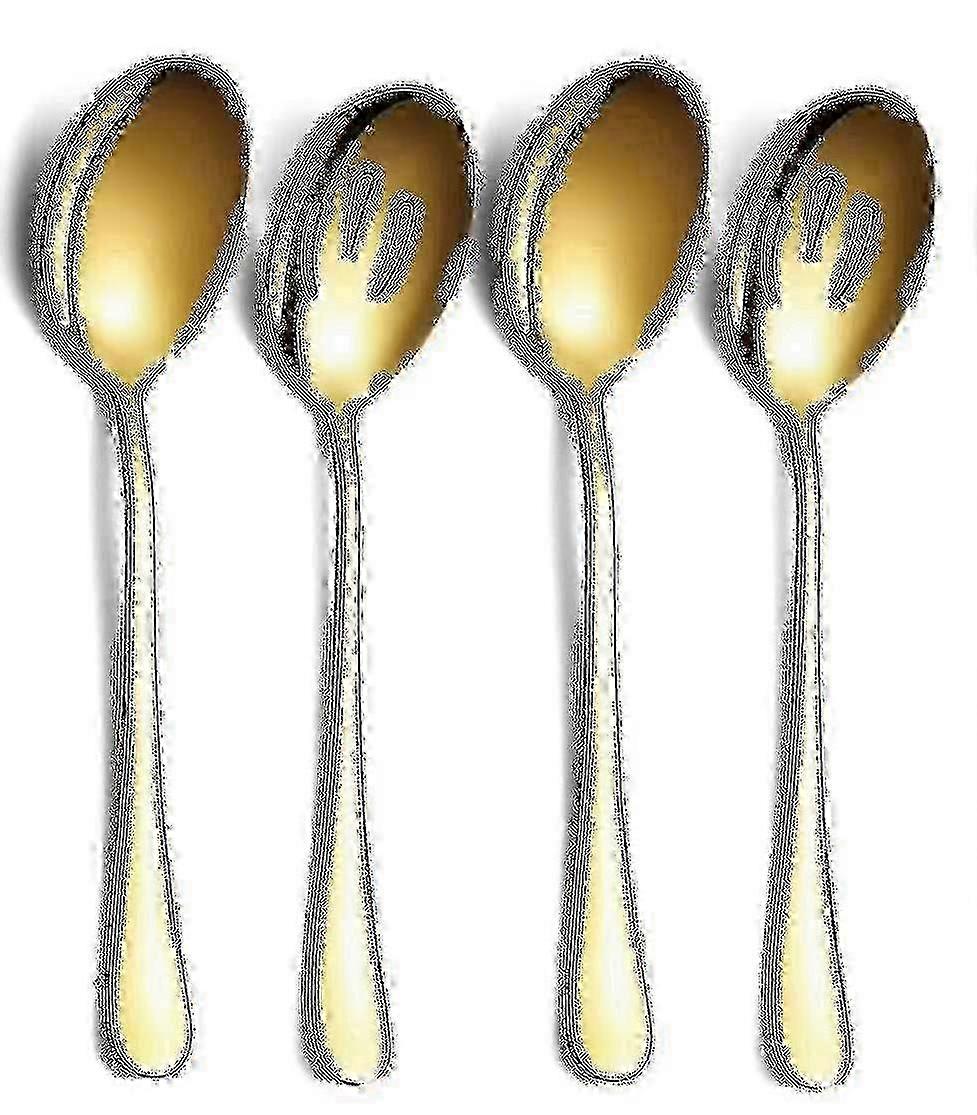 4-Piece Gold Serving Spoon Set with 2 Solid and 2 Slotted Spoons for Elegant Dining