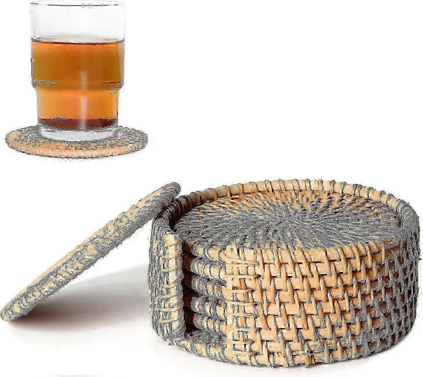 Handmade Rattan Coasters Set of 6, Natural Woven Drink Mats for Cups, Boho Style Home Decor, Kitchen Table Accessories (4x4 Inches)