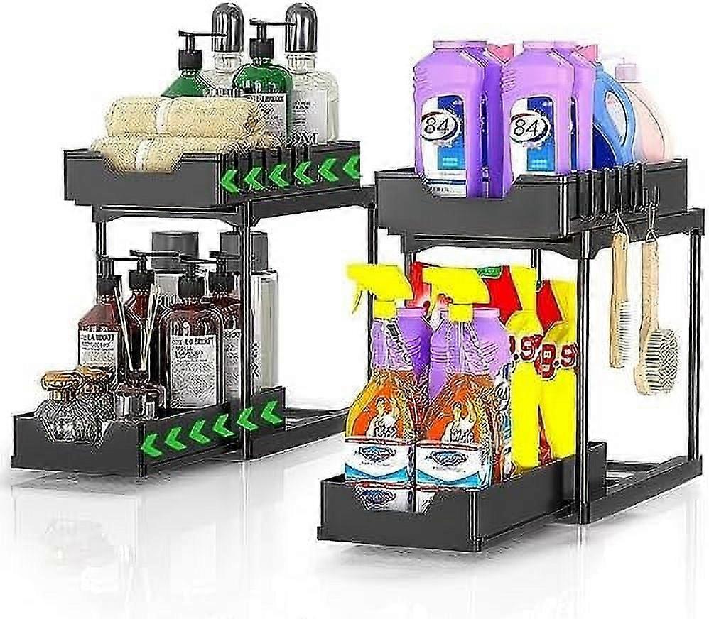 2 Pack Under Sink Organizers, 2-Tier Sliding Baskets with Hooks, Multi-Purpose Storage for Bathroom & Kitchen