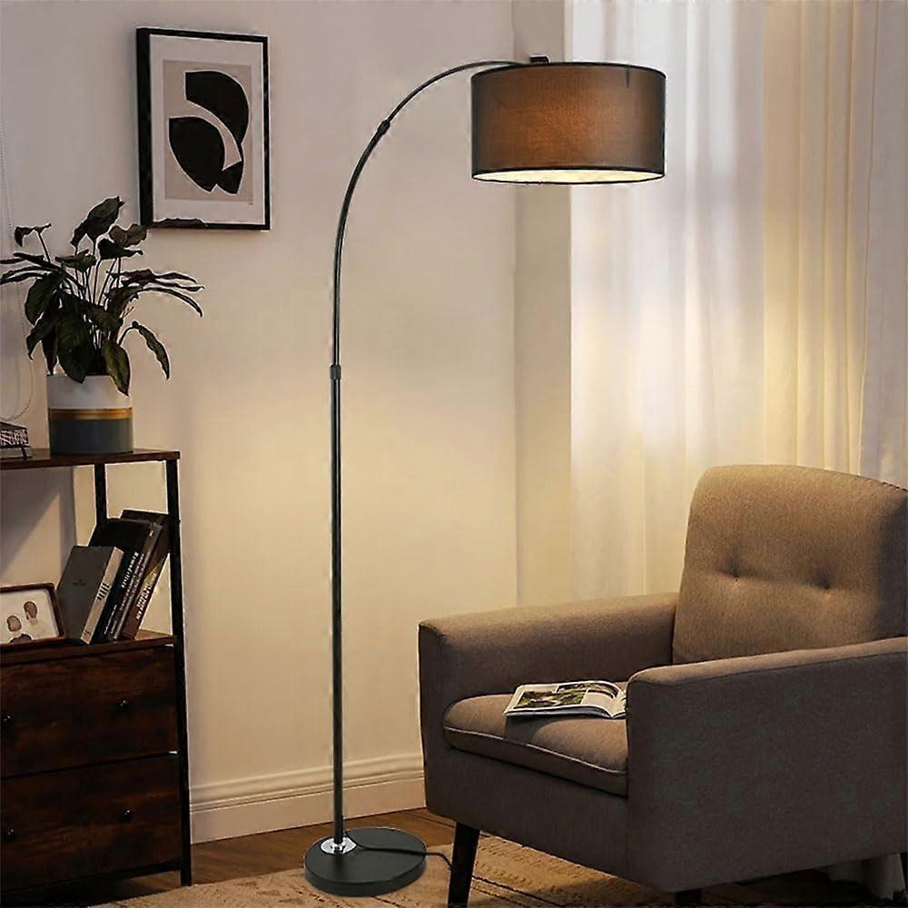 Arc Drum Shade Floor Lamp Black Fabric Shade Height Adjustable Soft Light Tall Reading Floor Lamp Living Room