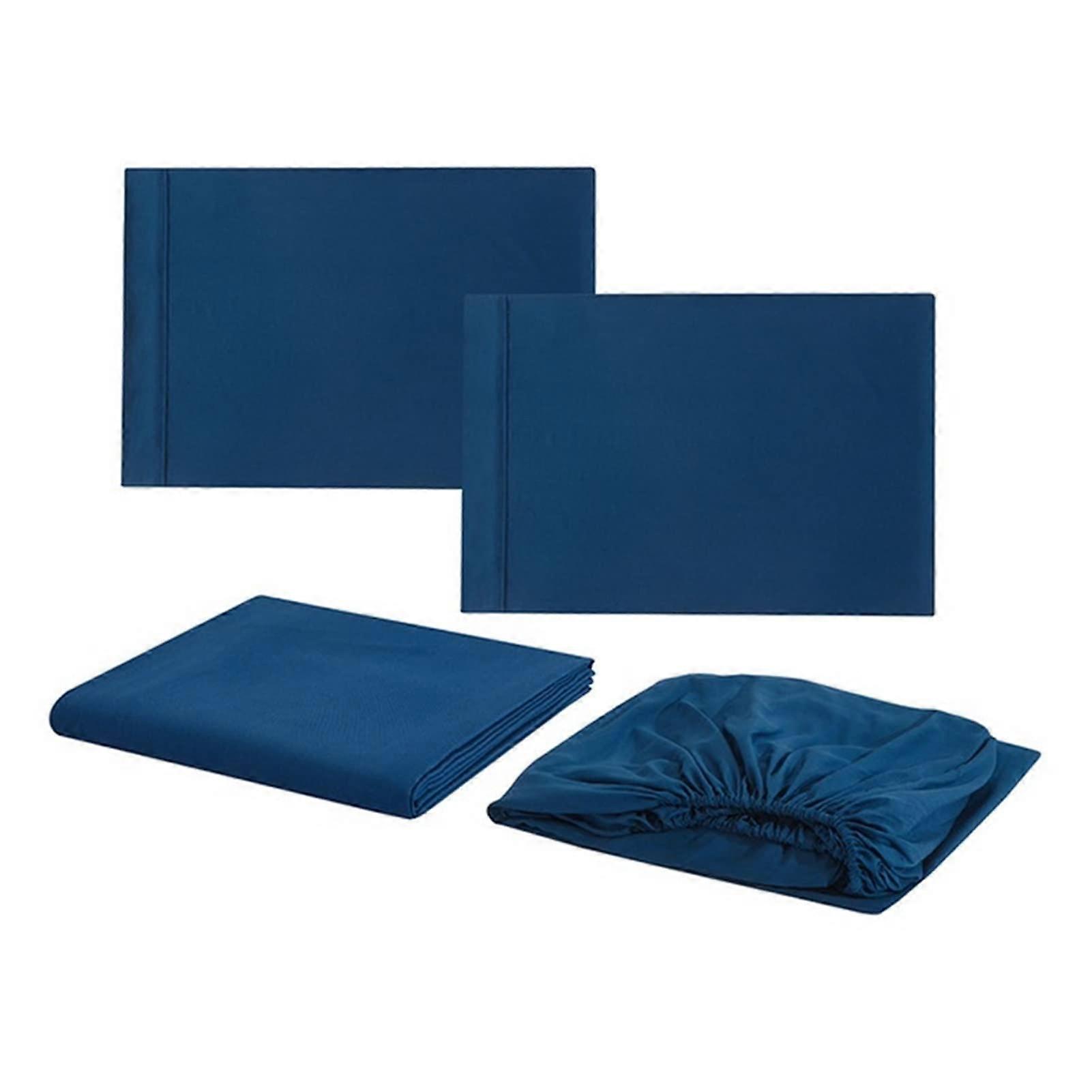 Pure Color Bedding Set Queen/King Size Gray Bed Linens With Flat Sheet Fitted Sheet And 2 Navy Blue Pillowcases