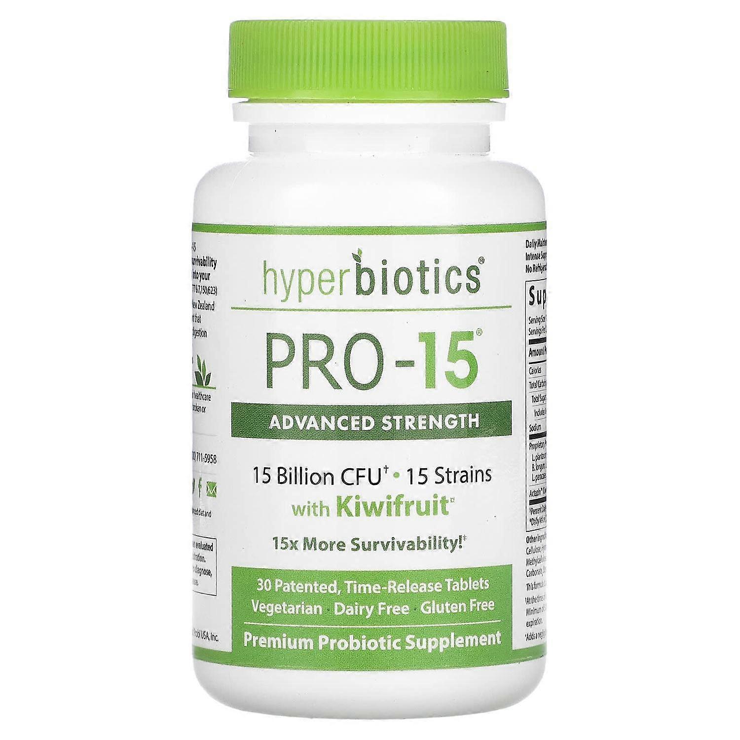 Hyperbiotics, PRO-15 with Kiwifruit, Advanced Strength, 15 Billion CFU, 30 Patented Time-Release Tablets