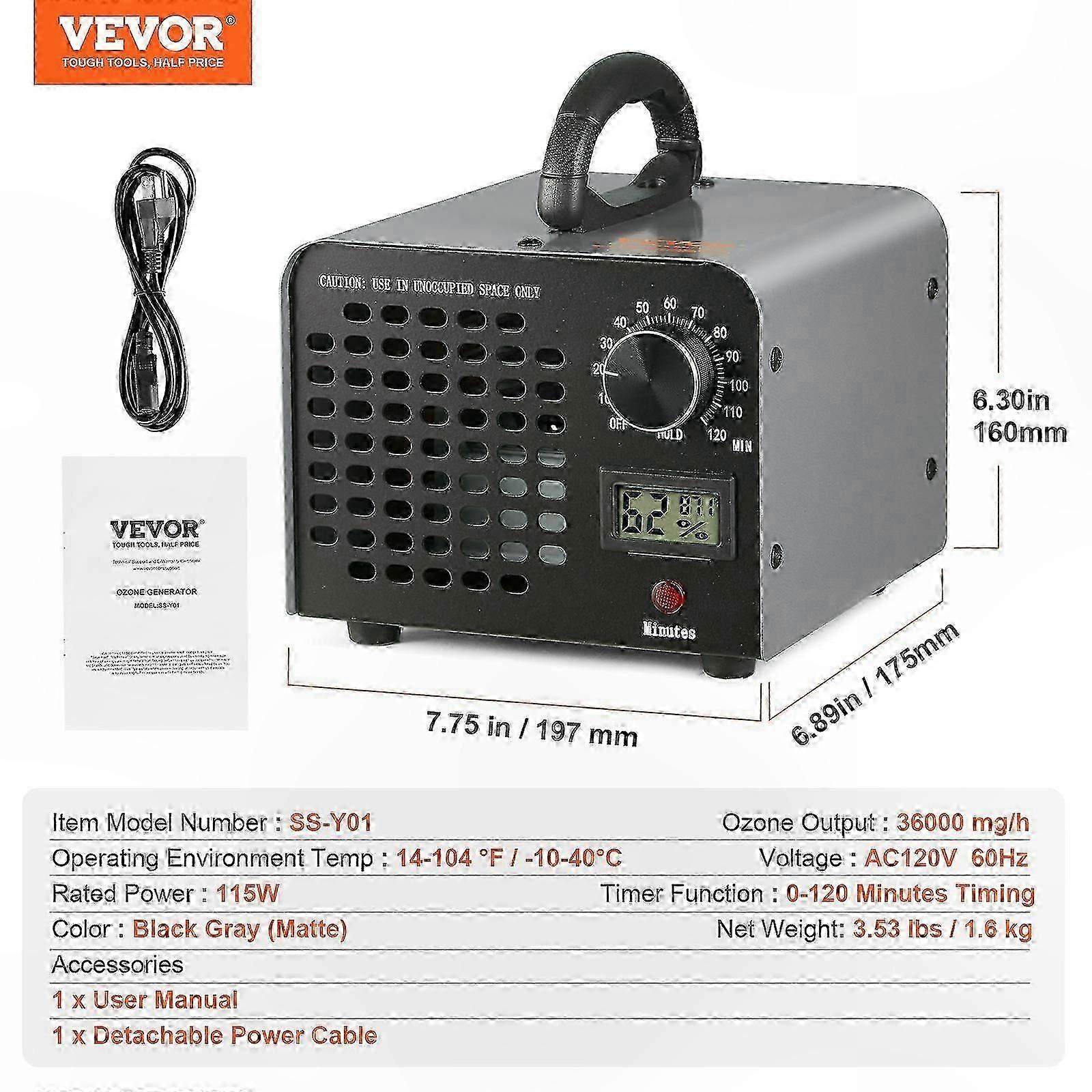 High-Capacity Ozone Generator with Timer for Odor Elimination 36000mg/h 0-120min Adjustable