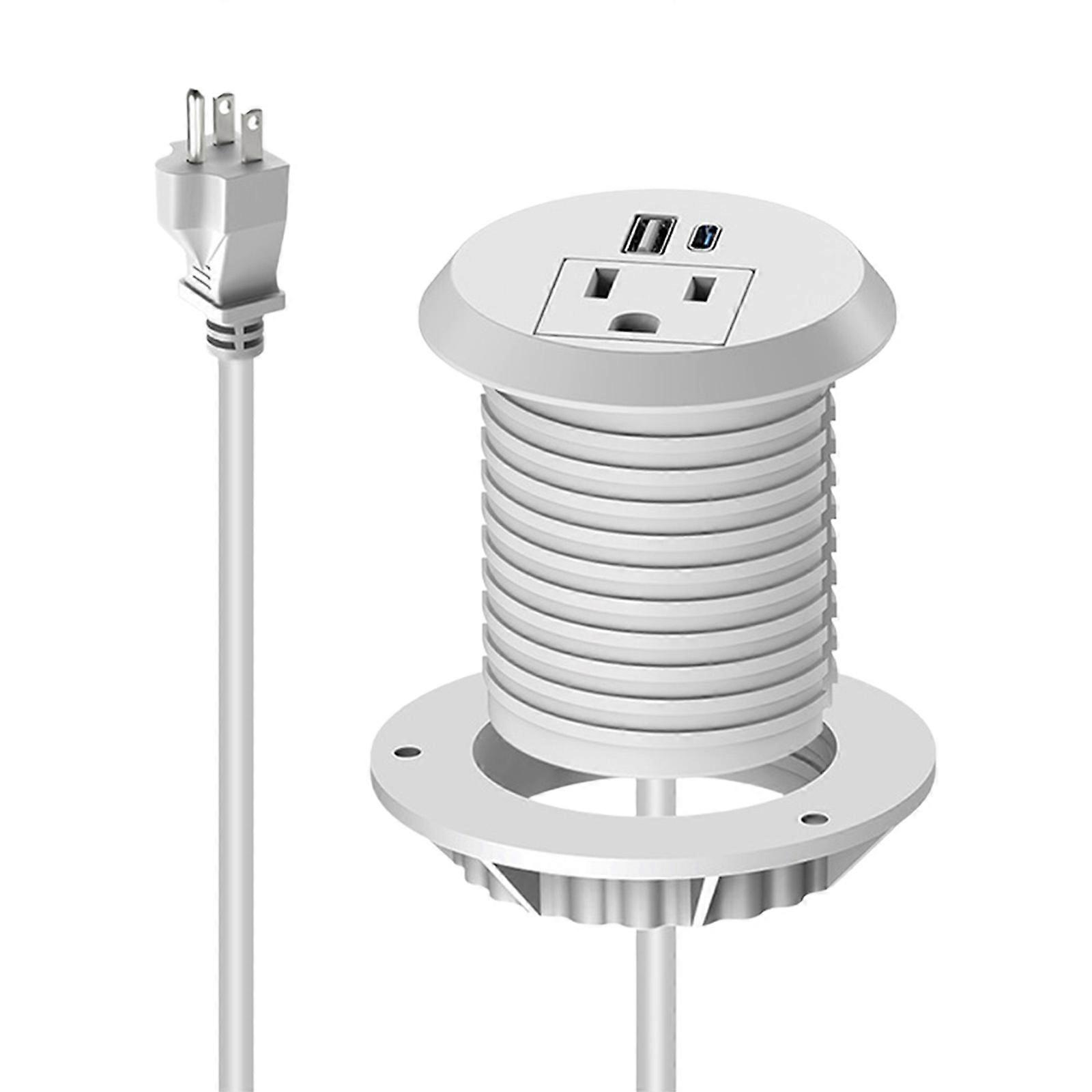 Embedded Desktop Power Socket 2 USB Port 18W Fast Chargers 2Meter Cord ABS Metal Construction Durability Power Strips  White
