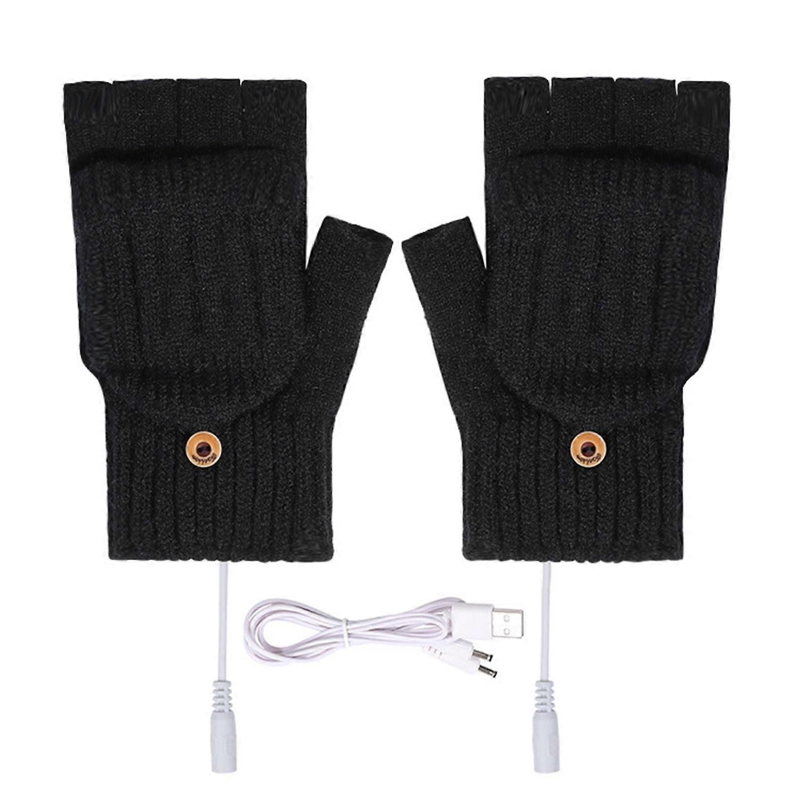 1 Pair Heated Gloves USB Charging Double-sided Heating Adjustable Temperature Thick Knitted Fingerless High Elasticity Office Typing Student Writing G