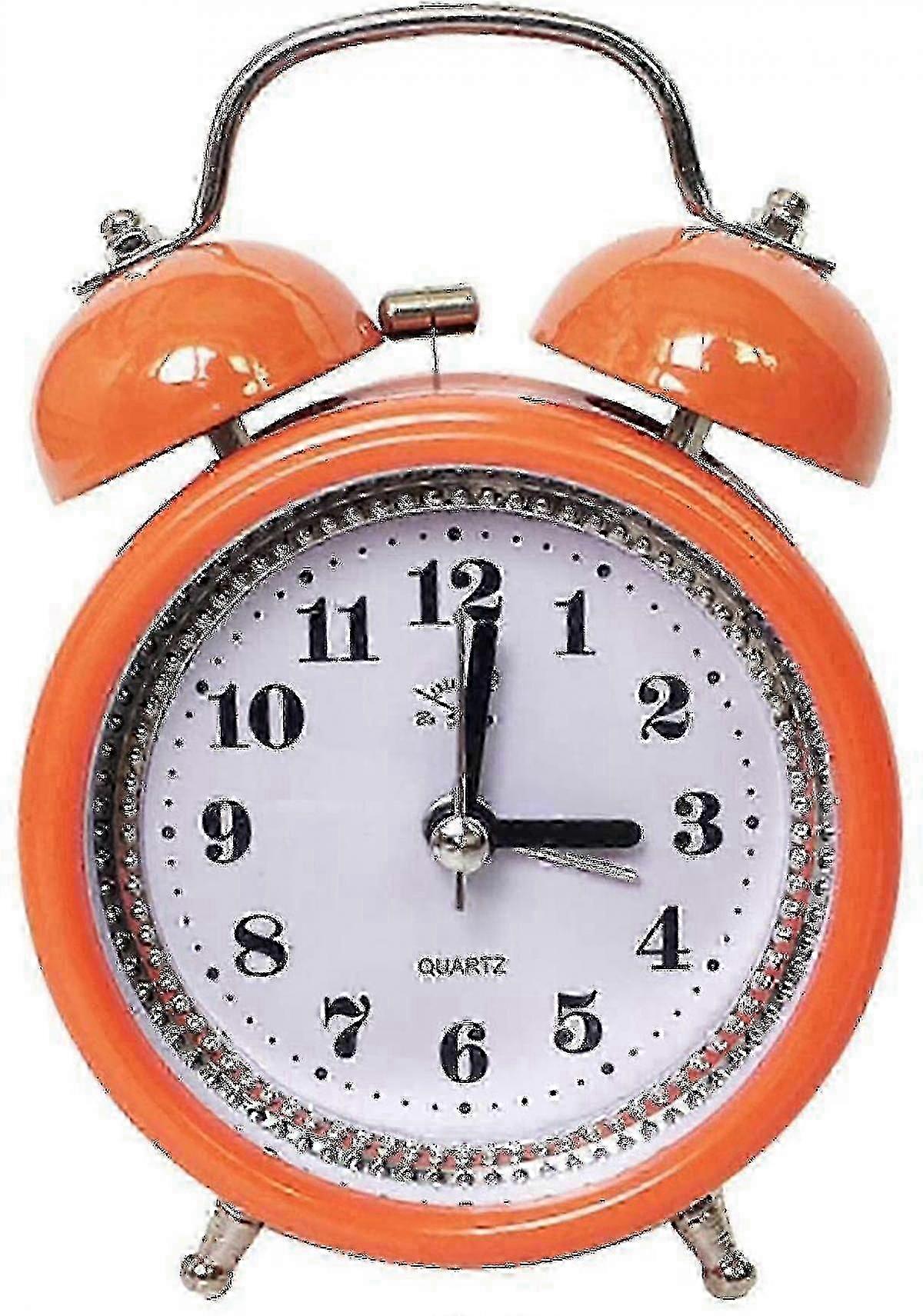 "3.15' Retro Twin Bell Alarm Clock Battery Operated Silent Non-ticking Bedside Desk Analog With Backlight - Orange, 12x8x5cm"