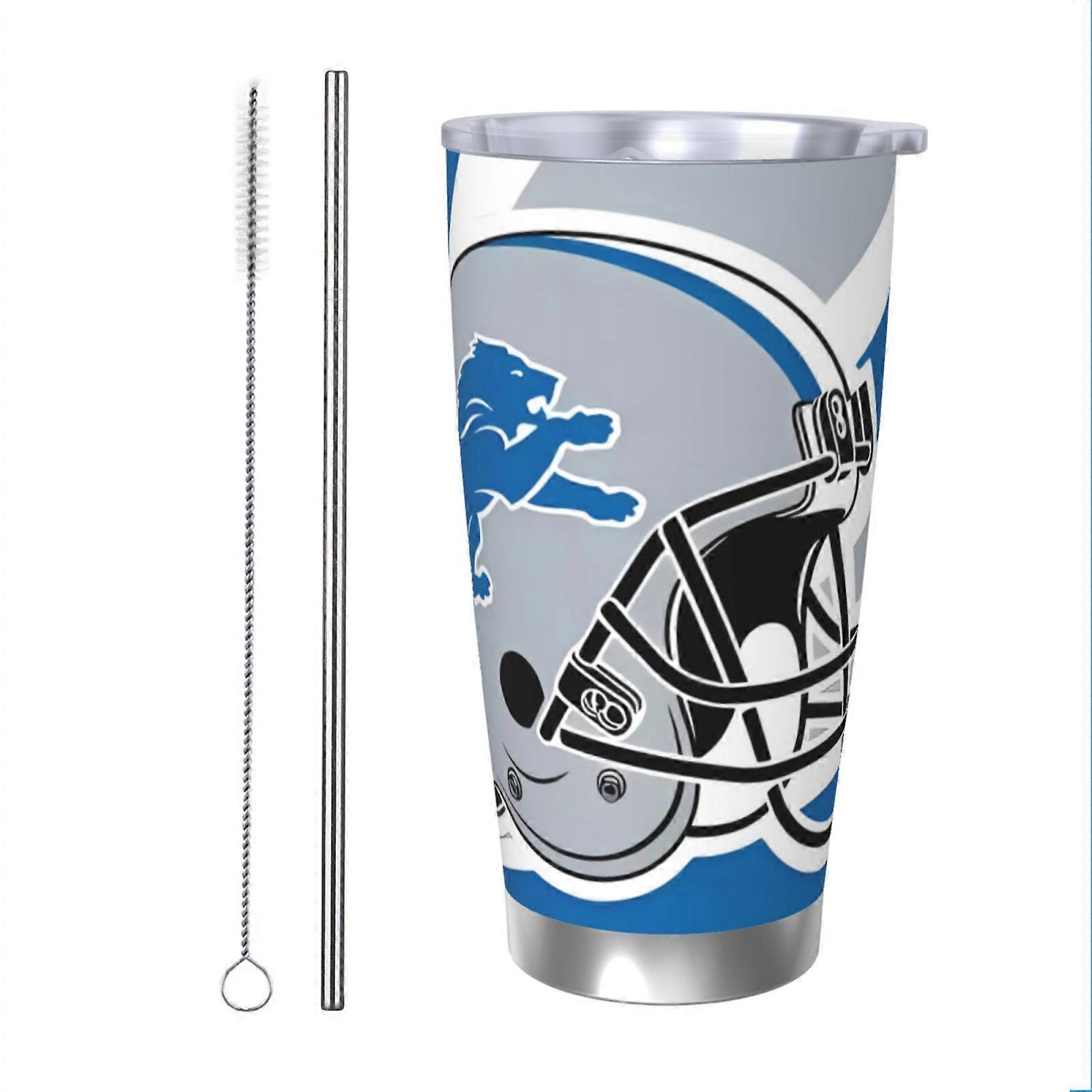 Gobelet isotherme de 590 ml (20 oz) en acier inoxydable, motif Lions, avec couvercle et paille, compatible avec les voitures, pour boissons chaudes et froides, idéal pour le café et les fêtes.