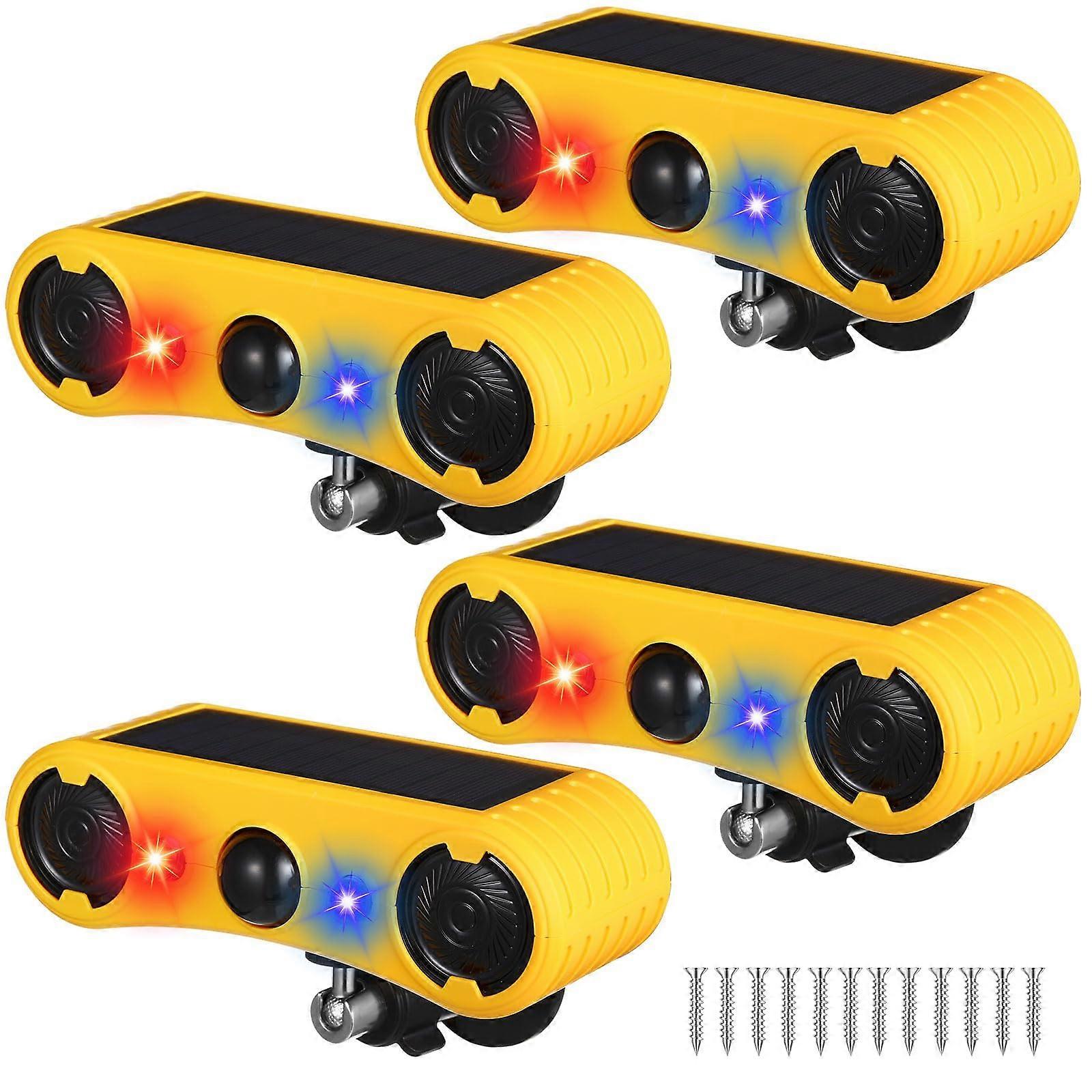 Solar Motion Sensor Alarm with Strobe Light and Sound, Outdoor Animal Deterrent for Garden Yard, 4 Pack