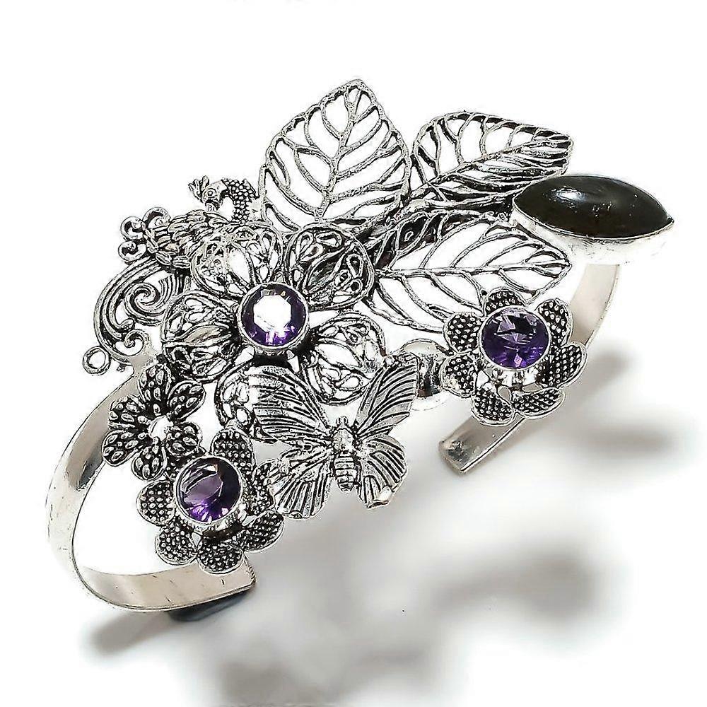 Labradorite, Amethyst Gemstone 925 Sterling Silver Cuff Bangle Adjustable