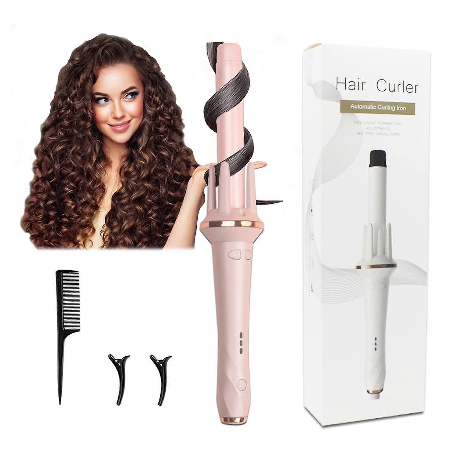 Automatic Ceramic Hair Curler Pink, 1 Inch Rotating Curling Iron with Fast Heating and Ionic Technology