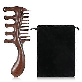 Wooden Scalp Massager Comb, Natural Sandalwood Wooden Wide Tooth Comb with Flocking Storage Bag Ergonomic Detangling Hair Comb Relaxation Tool for Wo