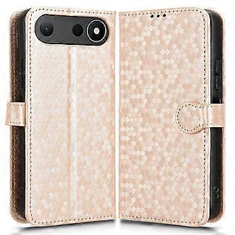 Capa carteira para celular TECNO Spark 50 5G com estampa de bolinhas, feita em couro PU e com alça de pulso.