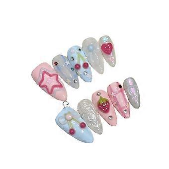 Handmade Press On Nails Almond Shape Reusable Set with 3D Kawaii Cherry Heart Star Strawberry Designs Pink Blue False Nails for Women 10pcs