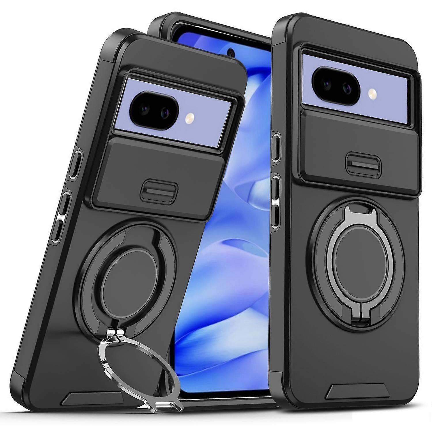 For Google Pixel 9a Sliding Camera TPU PC Magnetic Ring Phone Protective Case Black