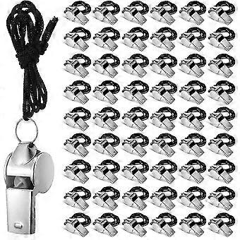 Pacote com 100 apitos de aço inoxidável com cordão, ideal para treinadores esportivos e adultos. Apito metálico potente para treinadores, professores e policiais.