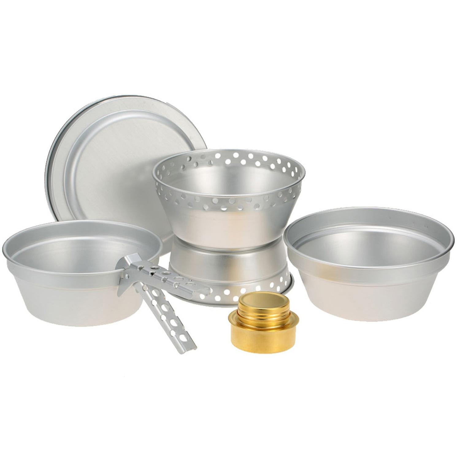 Portable Camping Cookware Mess Kit Alcohol Stove Spirit Burner with Stand Pot Pan with Gripper Outdo
