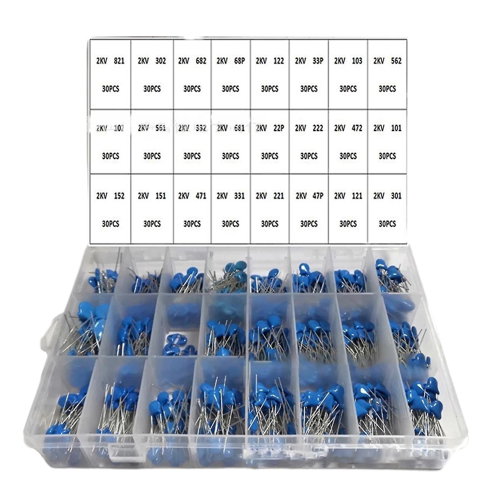 720pcs 2kv Ceramic Capacitor Assortment Kit 22pf-821pf 24 Values High Voltage