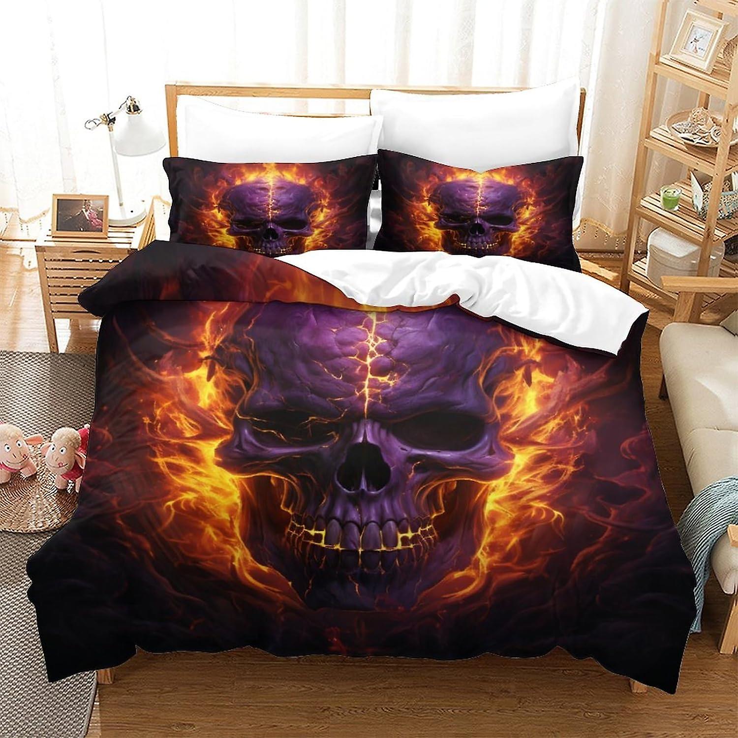 3D Printed Flaming Skull Duvet Cover Set Mysterious Bedding Set, Soft Microfibre, 2 Pillowcases, Hidden Zip,