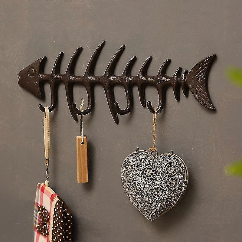 Decorative Fishbone Wall Mount Towel Rack Stylish Cast Iron Hanger With 4" Fish Hook Rust Brown