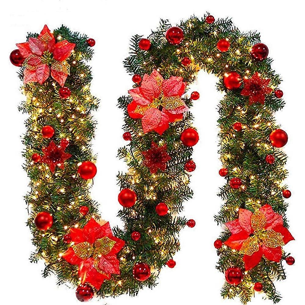 クリスマスガーランド、ライト付きクリスマスガーランド、屋外クリスマスガーランド、ホームガーデンホリデーウェディングパーティー用2.7mクリスマスガーランドモミガーランド